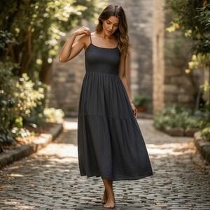 Cami‎ NYC Blue Maxi 100% Silk Dress Womens sz 6 Wrap Smocked Bodice Flowy Fairy